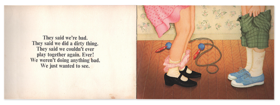 Two pages from a book, one with text and the other with two children implicitly removing their clothing.